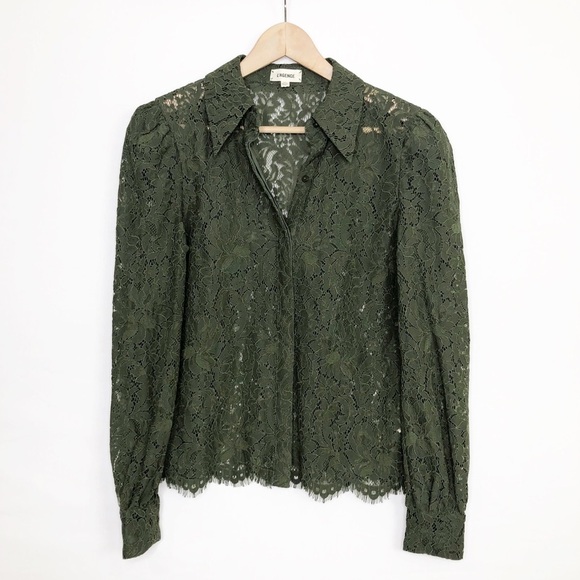 L’AGENCE Olive green, sheer lace, button-down puff sleeve shirt - Picture 12 of 12